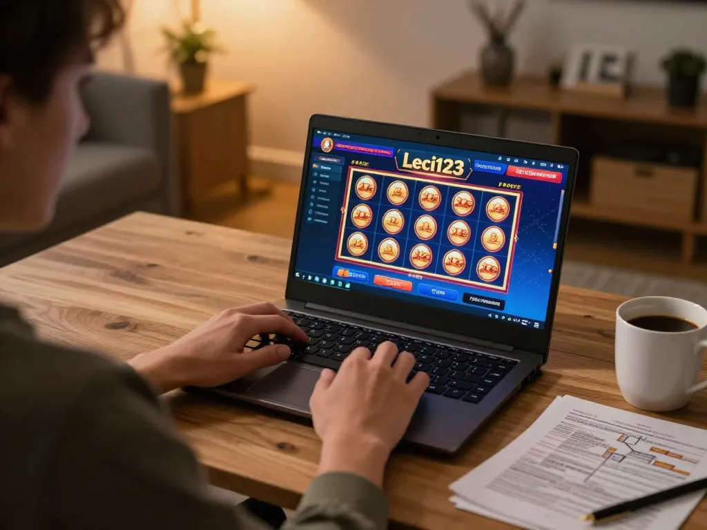 Leci123 player engaging with online slots from a cozy home setup
