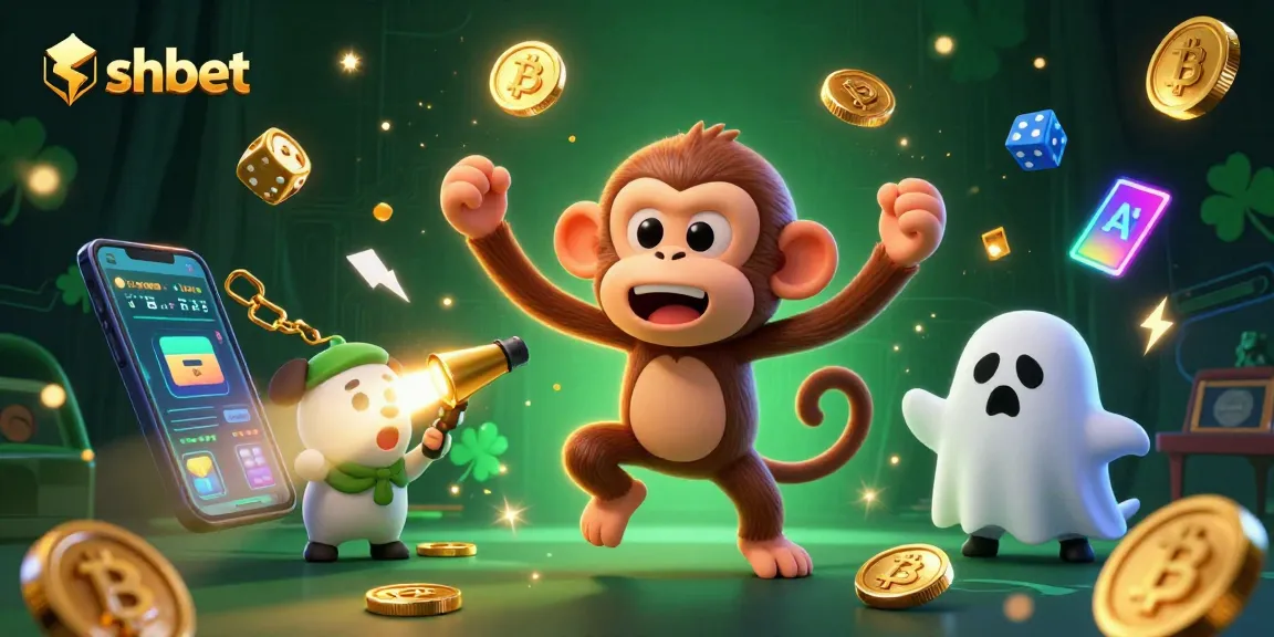 Engage in thrilling gambling at shbet with a mischievous poltergeist monkey and a curious puppy in a vibrant casino.