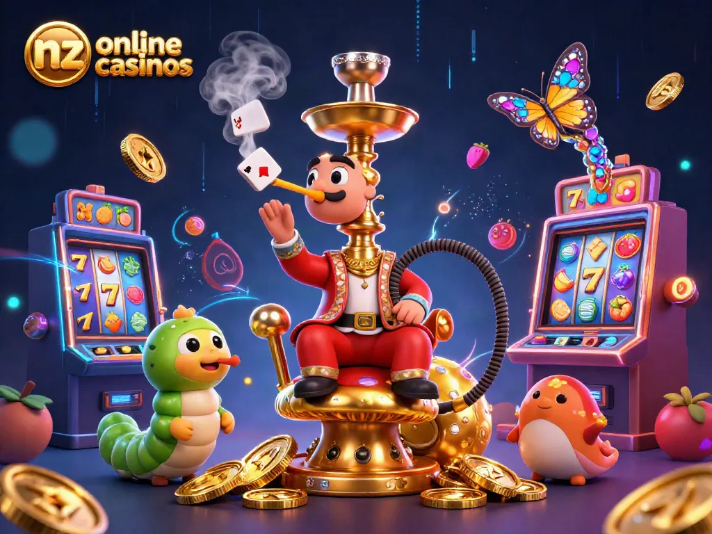 Engage with nz online casinos in a vibrant, dynamic casino scene featuring vibrant slots and characters.