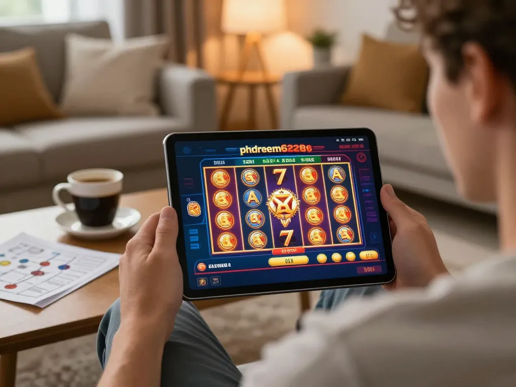 PHDREAM6268 user enjoying a strategic online gambling session on a tablet in a cozy home environment.