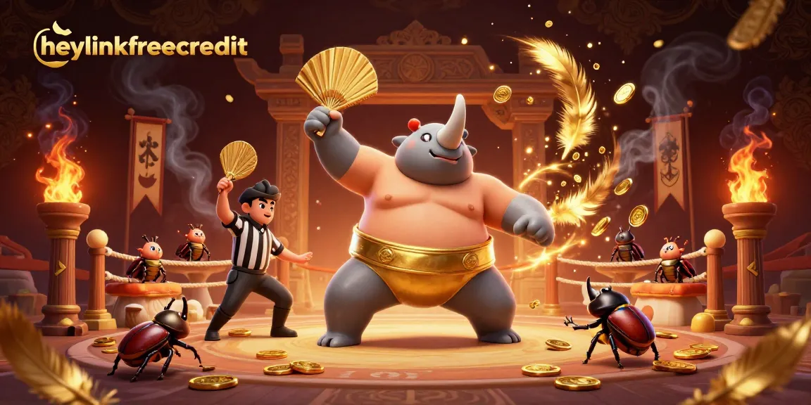 Experience the excitement of heylinkfreecredit with dynamic casino-themed illustration featuring a sumo beetle.