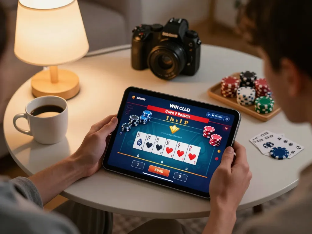 IWIN CLUB player immersing in online poker gameplay at home, showing tablet screen with poker interface and cozy environment.