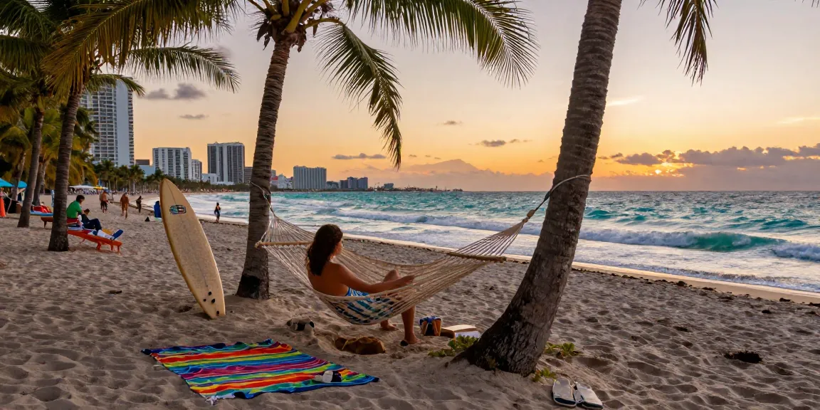 Tempat liburan yang indah di pantai Miami, dengan suasana santai dan pemandangan matahari terbenam.