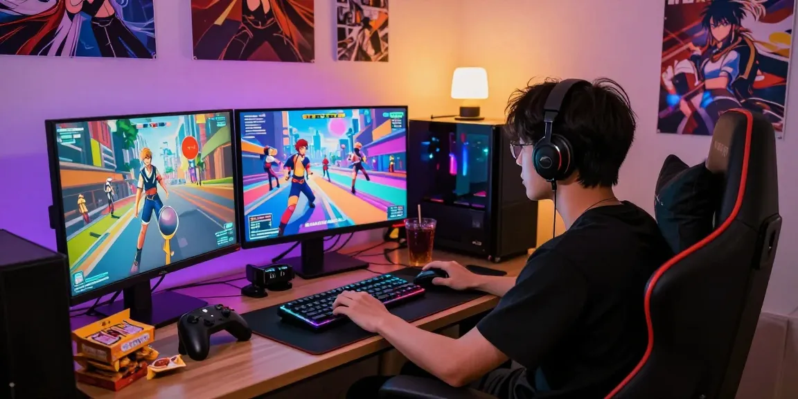 Engaging in a vibrant gay hentai game with colorful characters and gaming setup.