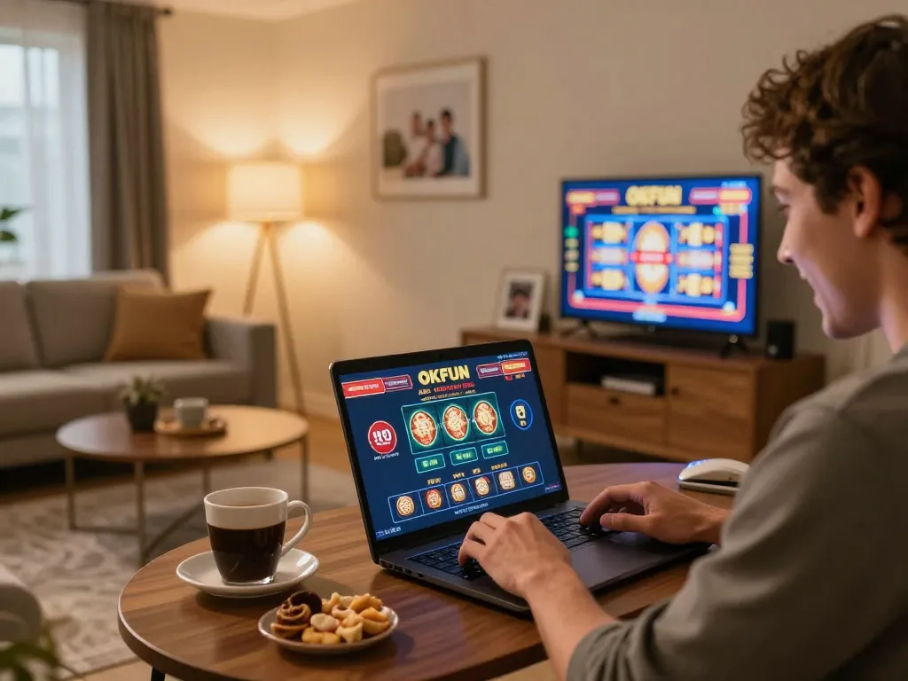 Player enjoys interactive gaming on OKFUN platform, with excitement in a cozy home setting.