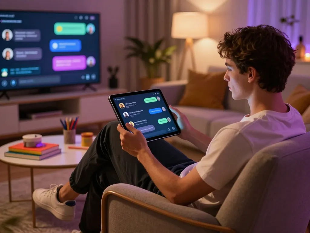 Engaging in ai sex chat with a vibrant virtual AI companion interface in a cozy setting.