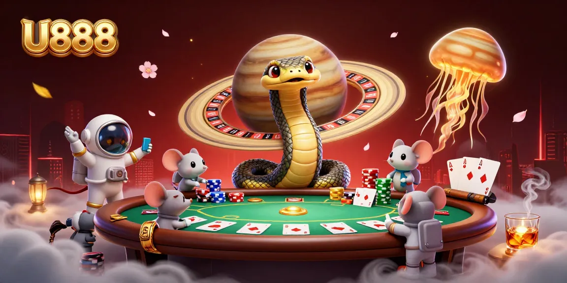 Place bets on U888's cosmic roulette with vibrant characters and casino elements in a dazzling digital scene.
