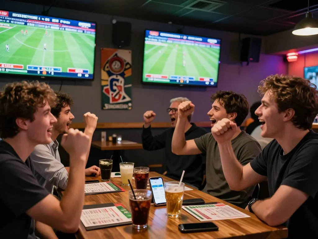 KÈO TRỰC TUYẾN enthusiasts enjoying a lively sports betting atmosphere with screens showing live matches.