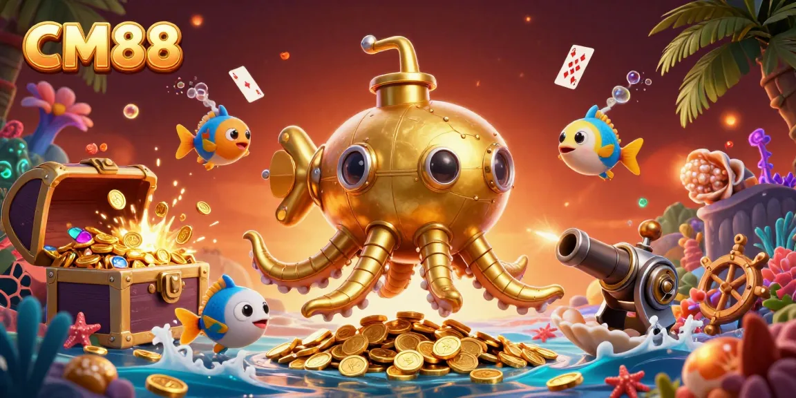 Experience CM88's vibrant underwater adventure with a golden kraken submarine and treasure bursting with excitement.