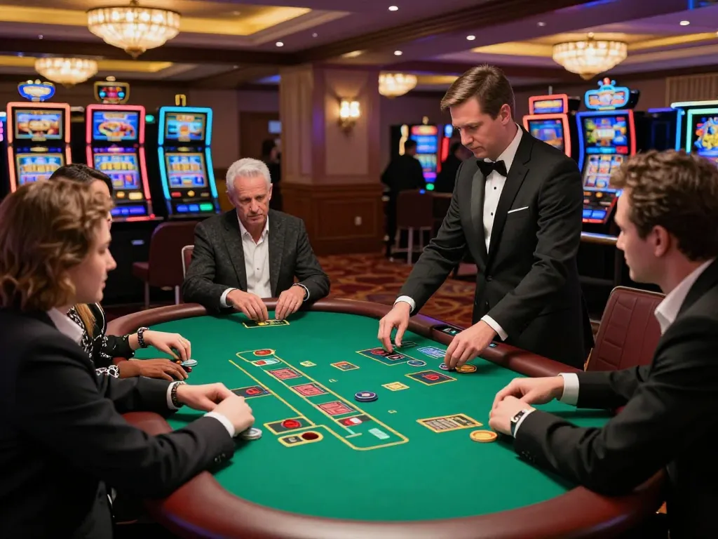 Tempo123 players engaged in strategic blackjack gameplay at a luxurious casino table.