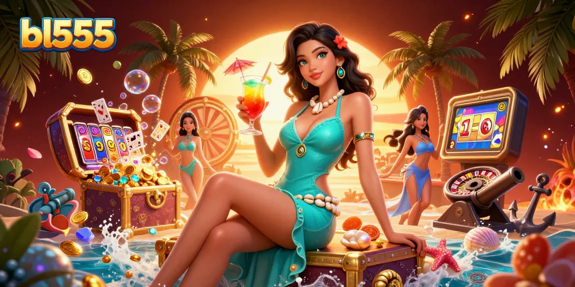 Experience thrilling gameplay at bl555 with a glamorous Asian woman in a vibrant beach casino setting.