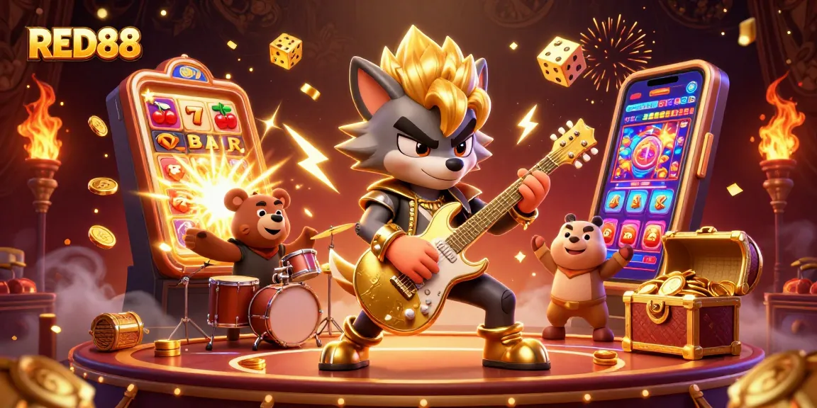 Experience the thrilling action of RED88 with a dynamic scene featuring vibrant casino elements and animated characters.