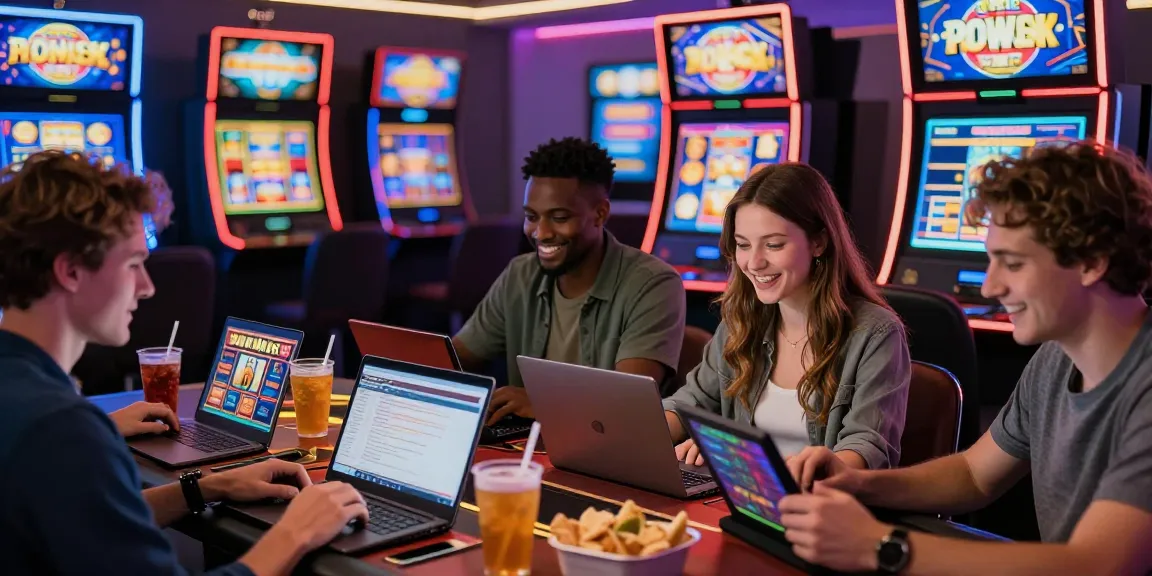 Players engaging with new online slot sites at vibrant casino-themed table.