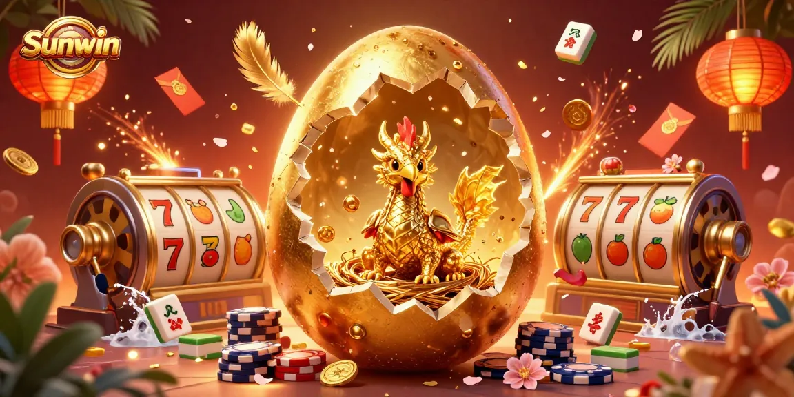 Experience the excitement of Sunwin as a golden dragon emerges from a casino egg among vivid poker chips and gold elements.