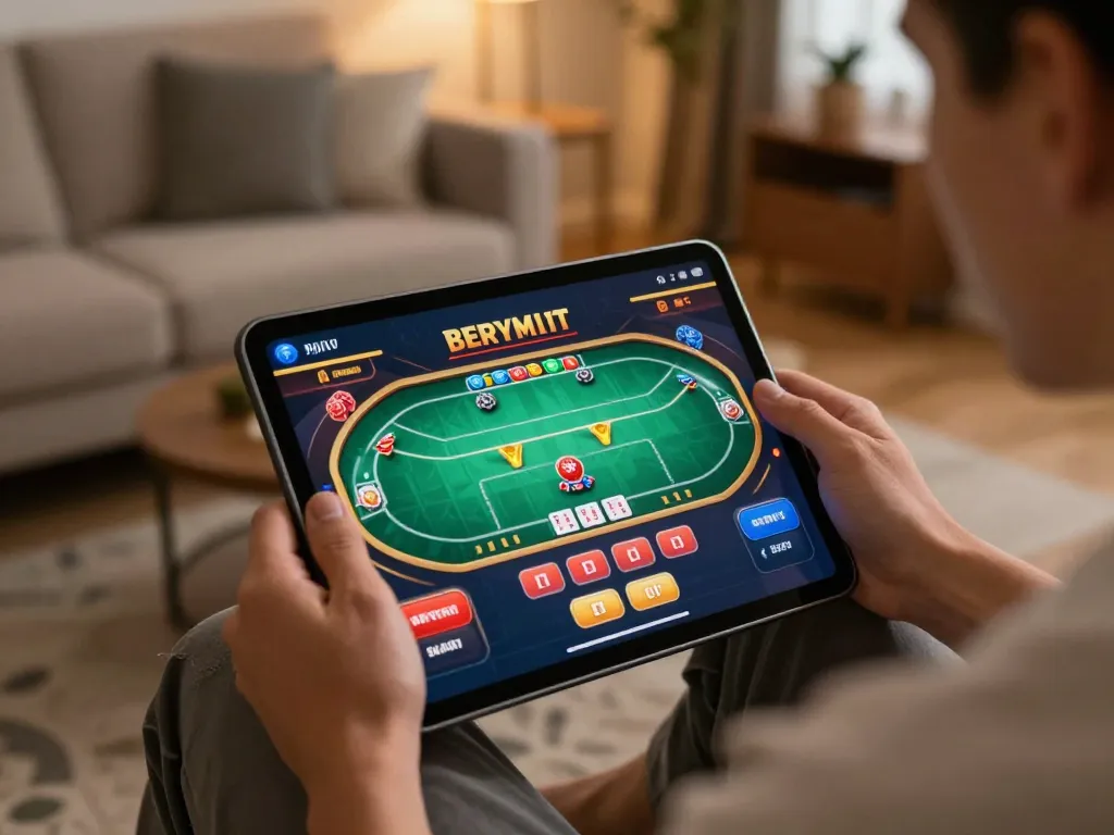 Iwin online gaming: engaging in a lively poker session on tablet in a cozy home setting