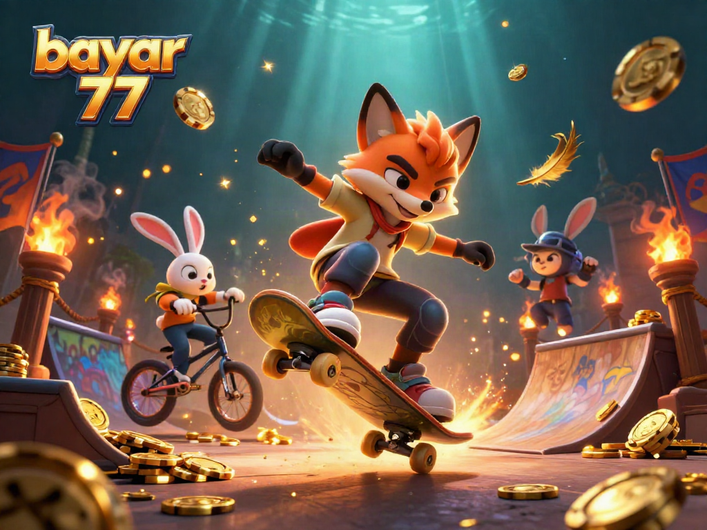 Engage with the vibrant gameplay scene of bayar 77 featuring a fox and rabbit in dynamic tricks amidst casino elements.
