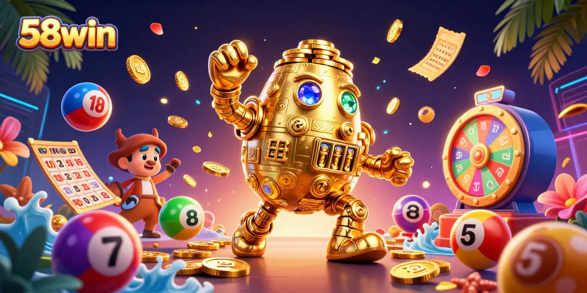 In a vibrant 3D scene, 58win's golden golem embodies luck in dynamic gaming action, surrounded by lottery balls.