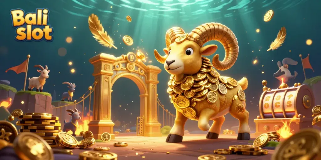 Bali slot showcases an engaging scene featuring a golden ram charging at a gate, surrounded by dynamic slot elements.
