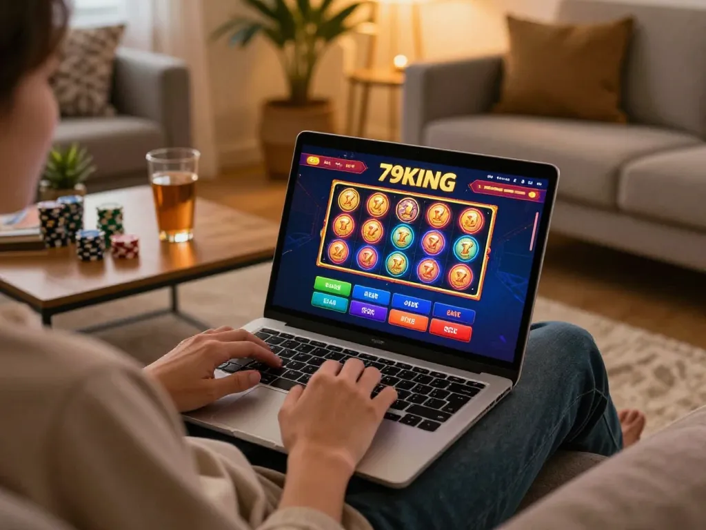 Engaging online gameplay on 79KING casino interface with chips on a cozy home table.
