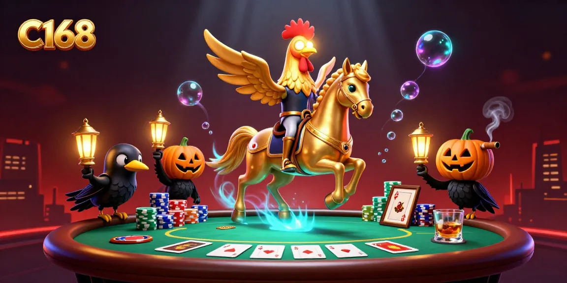 Experience thrilling gameplay at C168 with a golden rooster and spectral horse amidst vibrant casino elements.