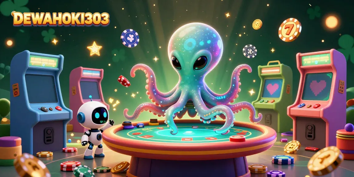 DEWAHOKI303 hadir dengan ilustrasi 3D alien yang berinteraksi dengan permainan slot dan poker berkilauan.