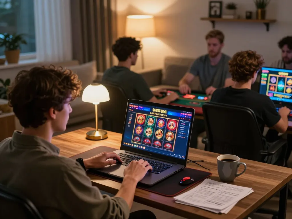 UGDEWA online gaming session, player strategizing on laptop with vibrant casino interface.