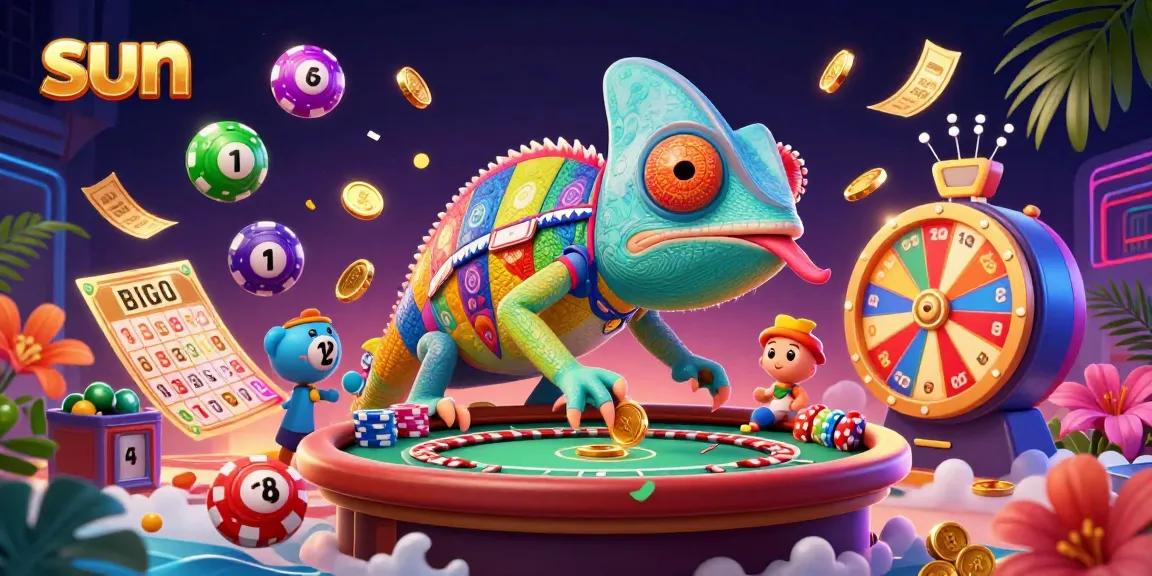 Engaging sun-themed illustration capturing a vibrant casino scene with a colorful chameleon character.