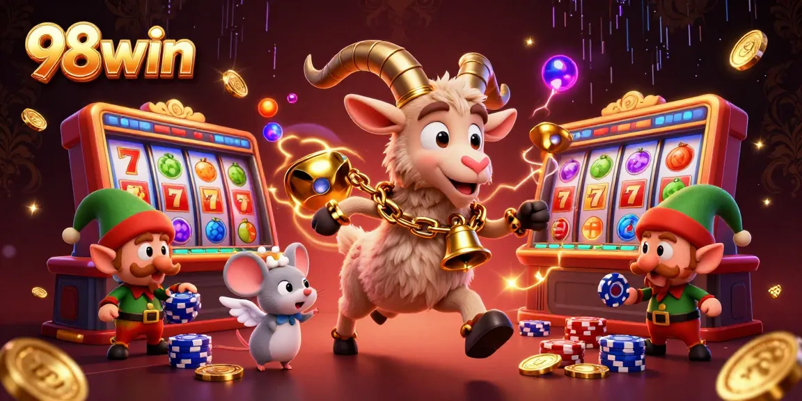 98win casino scene featuring Krampus goat managing a thrilling slot game environment with chaos and excitement.