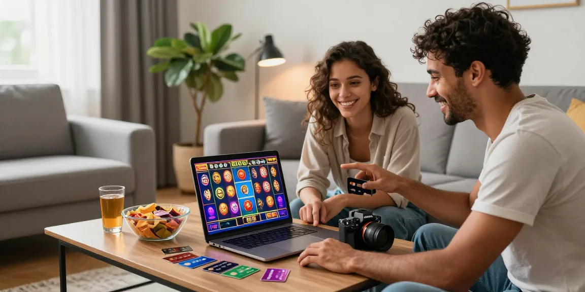 Exciting online gaming at https://jumpspace.org.uk featuring a couple enjoying credit card casino games in a stylish home.