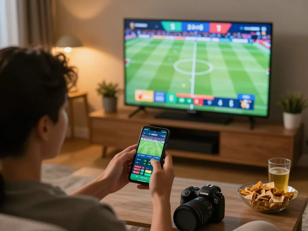 Tỷ Lệ Bóng Đá betting app displayed on smartphone during a live match, showcasing sports betting excitement.