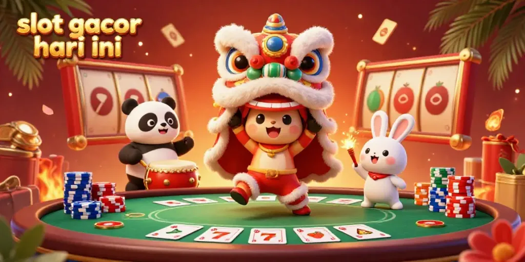 Experience the thrill of slot gacor hari ini with a vibrant scene featuring lively characters and dynamic casino elements.
