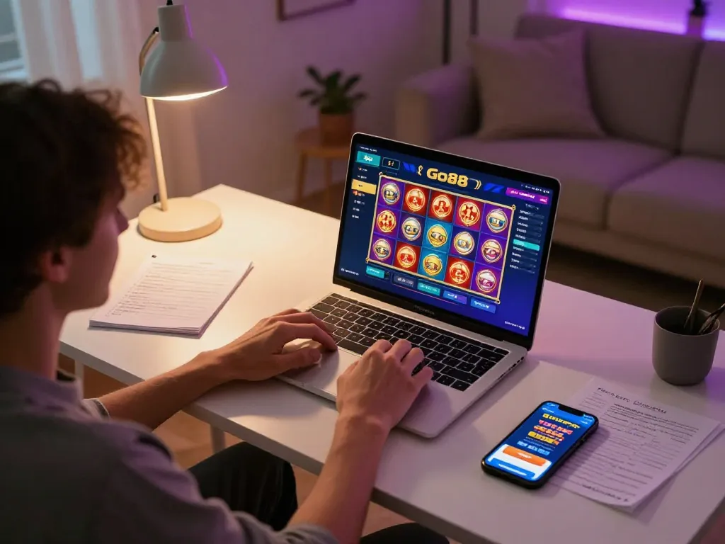 Playing Go88 online slots at home with a laptop and strategy notes