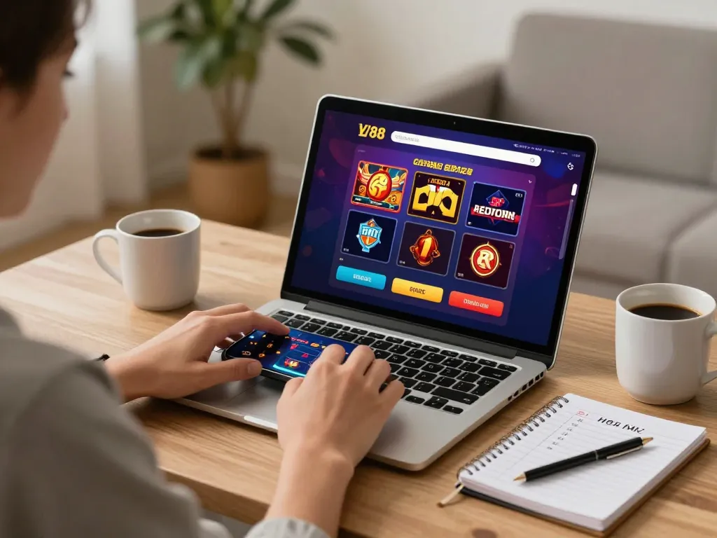 Engaged player exploring LV88 online casino games on a laptop with strategic notes.