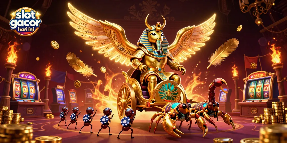 Experience the excitement of slot gacor hari ini with stunning visuals of a golden scarab beetle and casino elements.