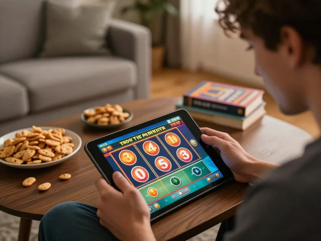 Player enjoying slot games on IDCASH88 platform in a cozy living space, showcasing excitement and winning potential