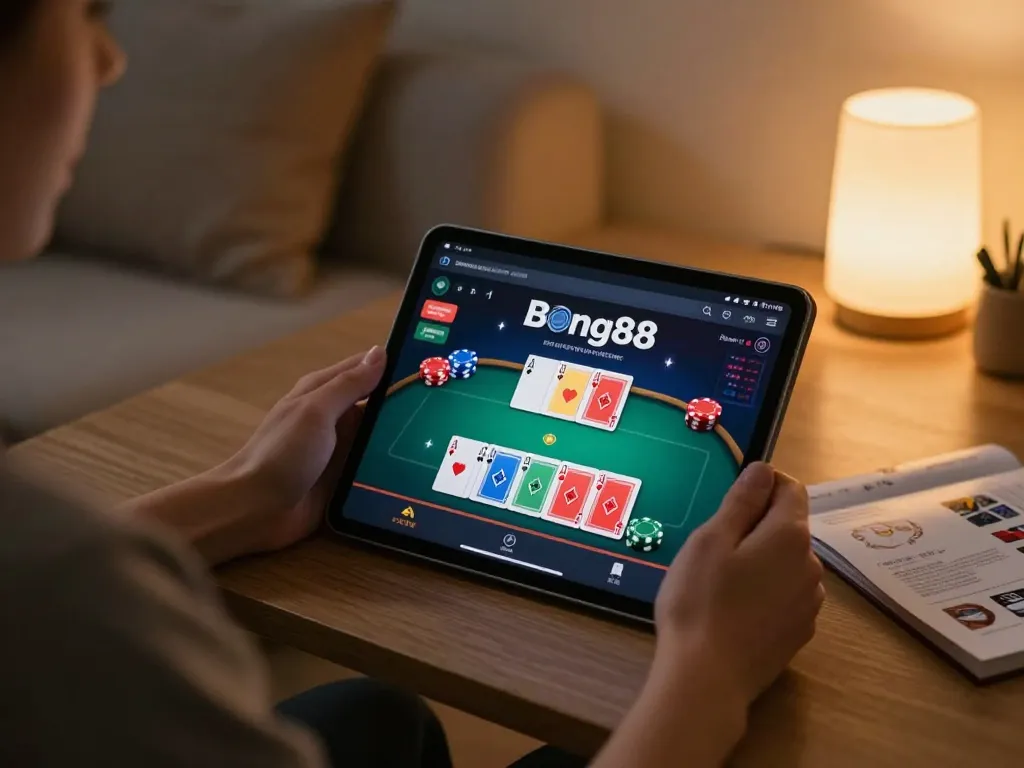 Bong88 player engaged at home, using tablet for online poker with strategy notes visible