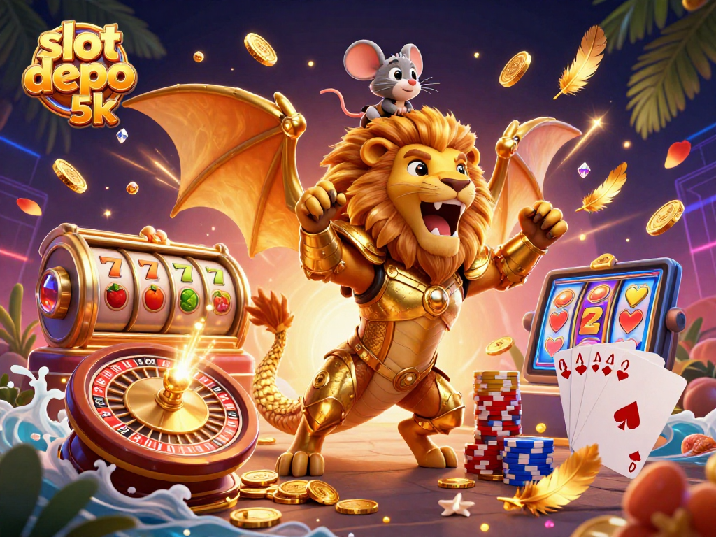 Win big at slot depo 5k with exhilarating gaming action showcased in vibrant 3D illustration.