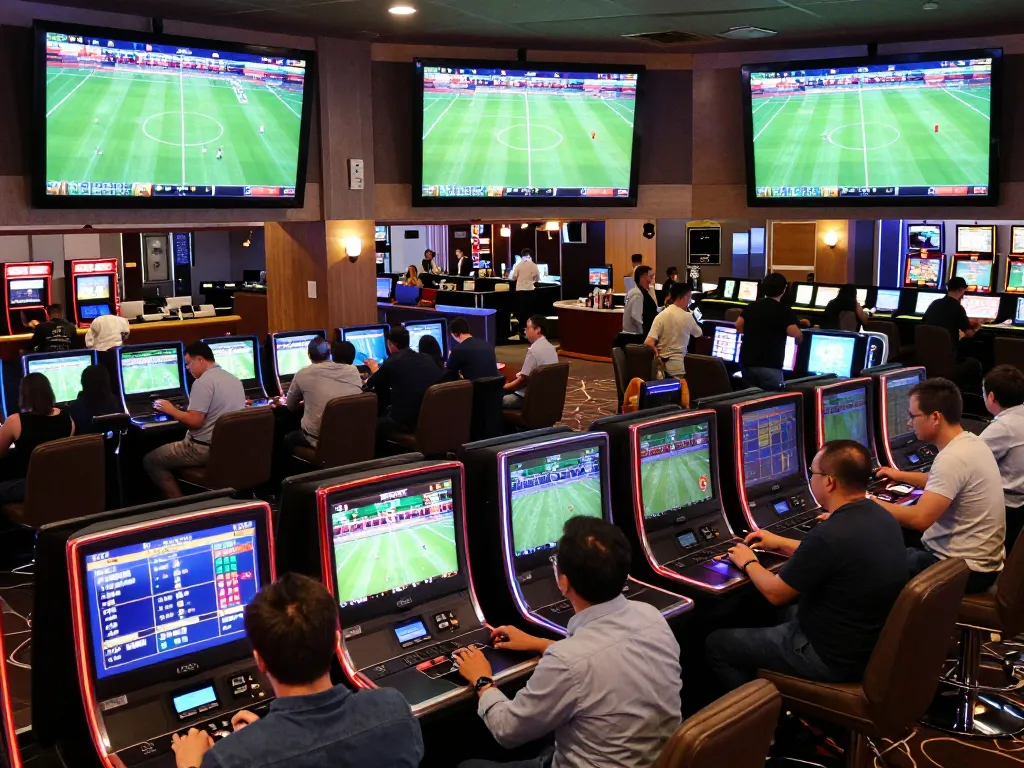 Live sports betting lounge showcasing kèo nhà cái odds and eager patrons engaging in wagering activities
