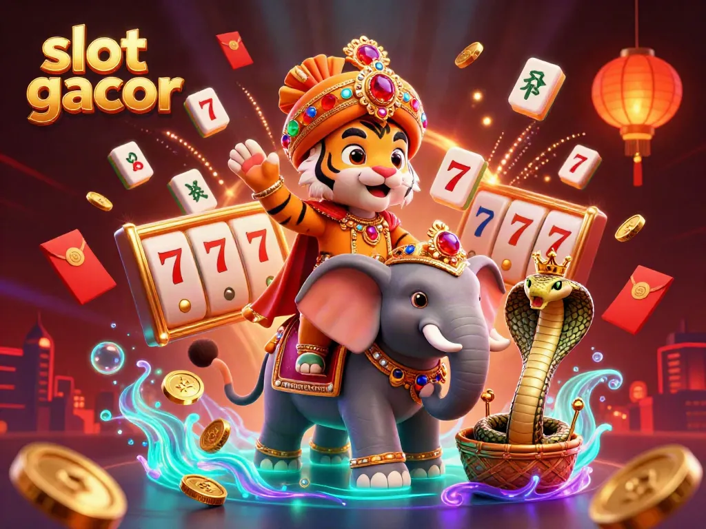 Explore slot gacor action in a vibrant 3D fantasy scene with a maharaja tiger, elephant, and cobra.
