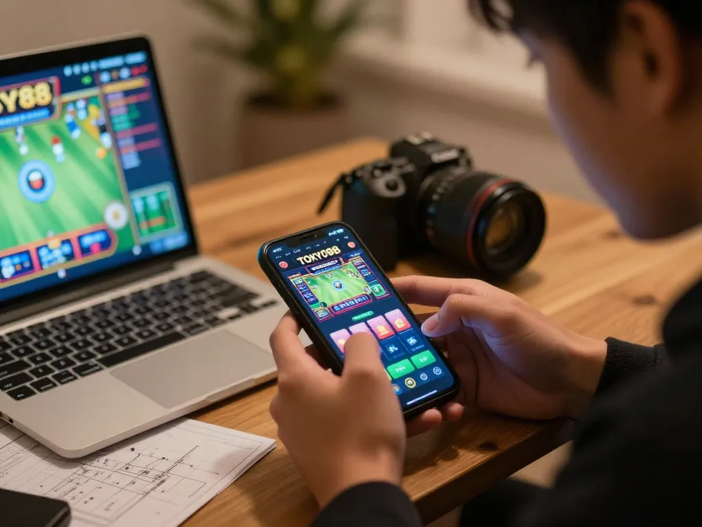 Sesi permainan daring yang menarik di aplikasi tokyo88 dengan grafik yang berwarna-warni dan smartphone.