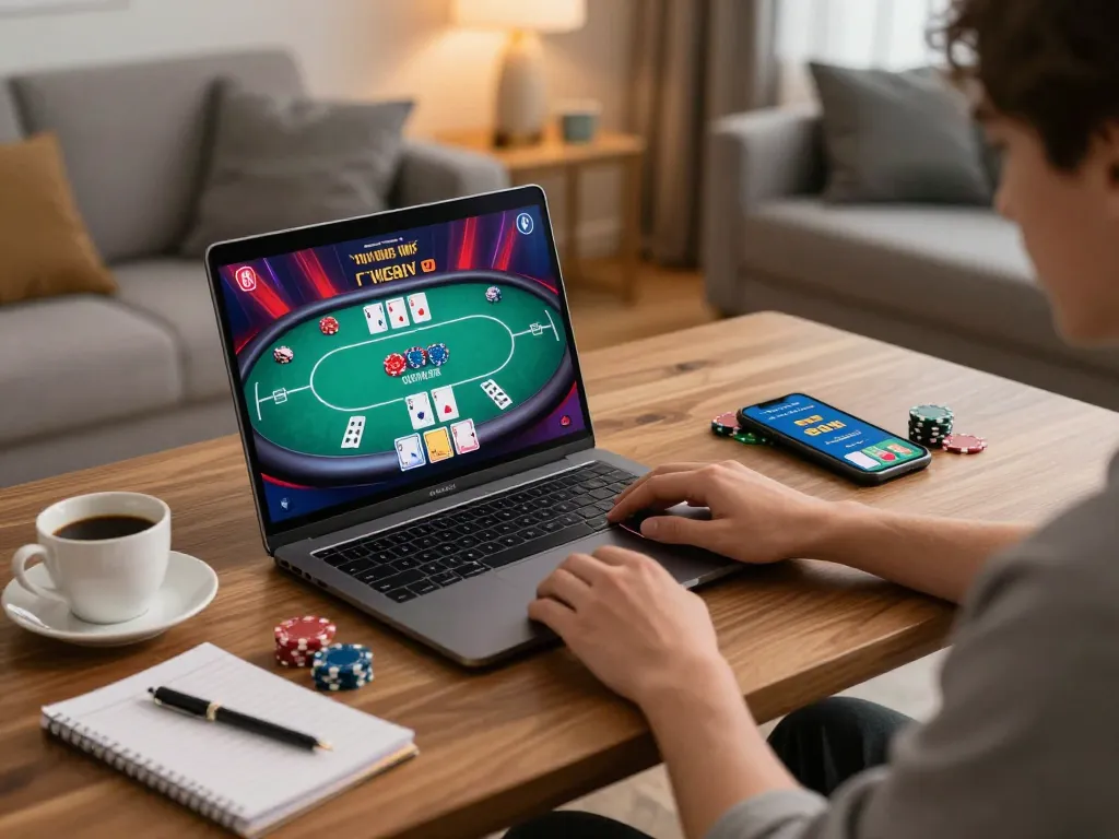 Fun88 online casino gaming with laptop and smartphone in a cozy home setting