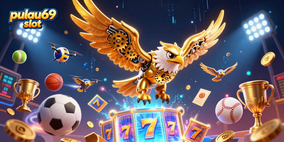 Experience the pulau69 slot adventure with a golden eagle surrounded by dynamic gambling elements.