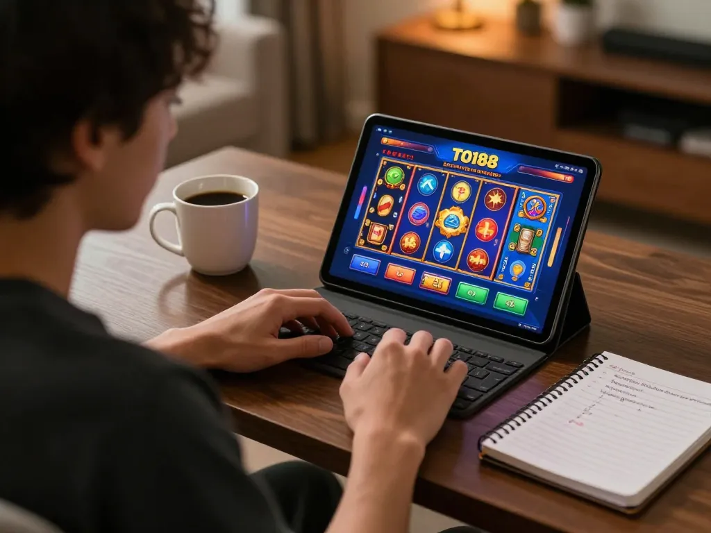 Engaging in the TO188 online casino game with strategy notes at hand, enjoying responsible gambling.