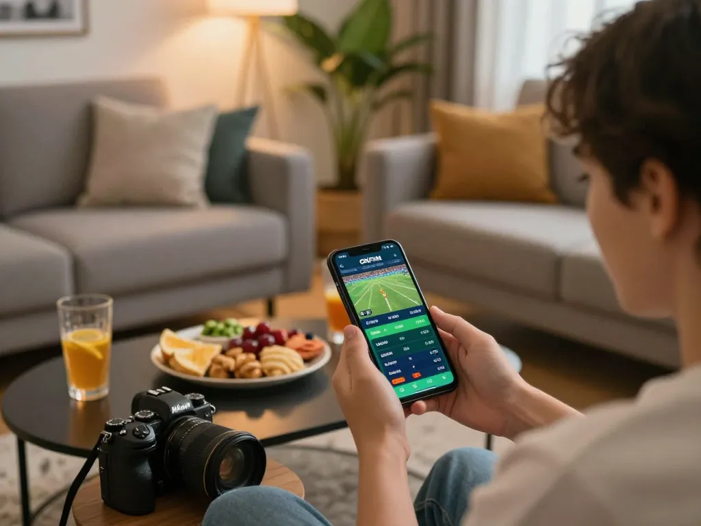 Engaging moment on Trang Chủ OKFUN app featuring live sports betting interface, person enjoying a home gaming experience.