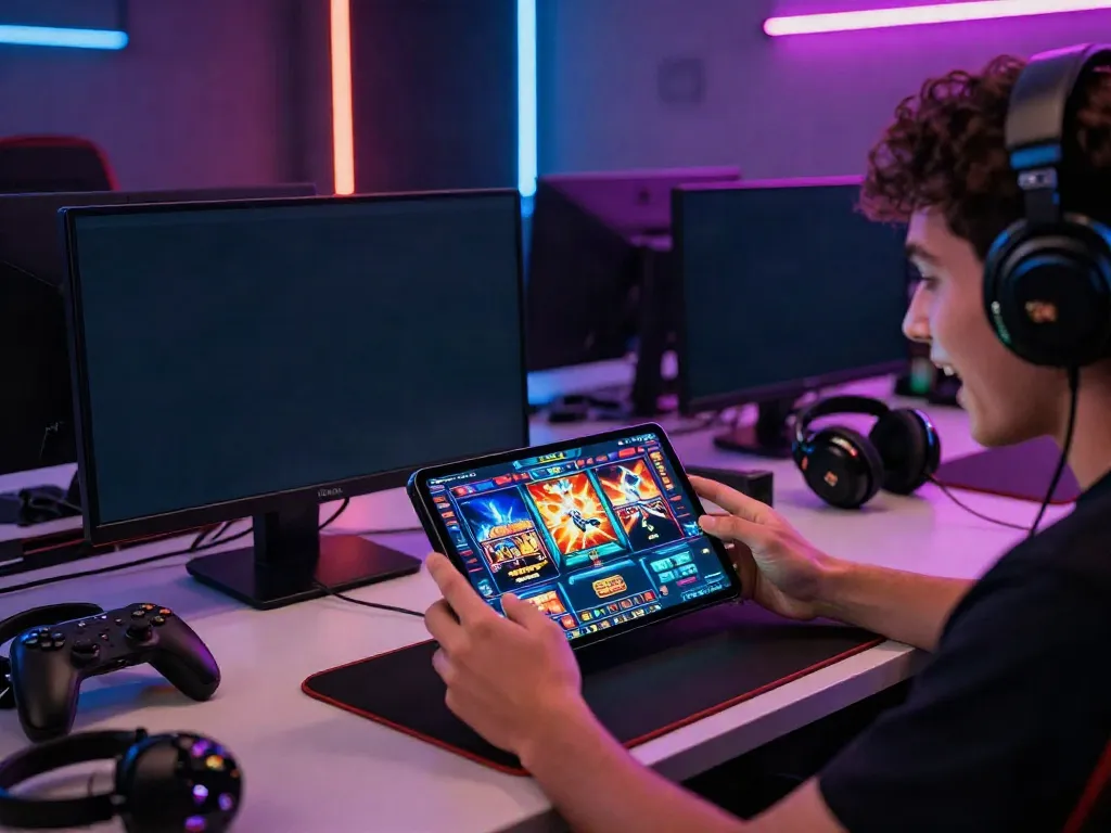Exciting moment playing qqmacan mobile slot game with vibrant graphics in a stylish gaming room.