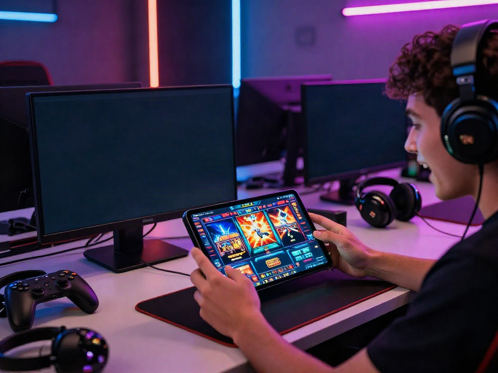 Exciting moment playing qqmacan mobile slot game with vibrant graphics in a stylish gaming room.