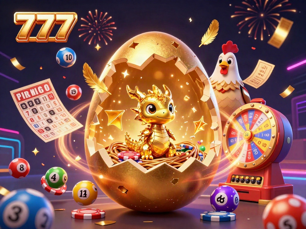 Permainan kasino dengan 777 yang menarik, diilustrasikan oleh naga emas yang manis dan banyak bola lotere berwarna.