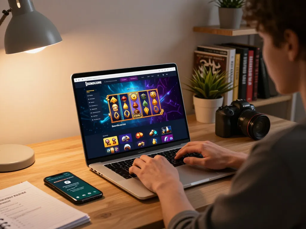 IDNSCORE gaming session at home with player focused on online casino games, laptop and smartphone visible.