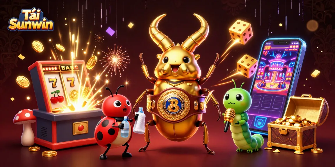 Tải Sunwin with a vibrant 3D illustration of a golden beetle boxing champion surrounded by casino elements