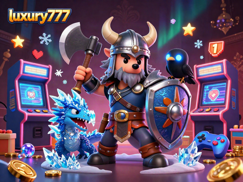 Menangkan jackpot dalam permainan luxury777 dengan ilustrasi kekuatan dan keberanian karakter kartun.